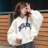 Women Hooded Oversize Thick Plus Velvet Loose False Two-piece Letter Print Hoodie