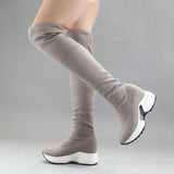 QUTAA Stretch Fabrics Over The Knee Boots Height Increasing Round Toe