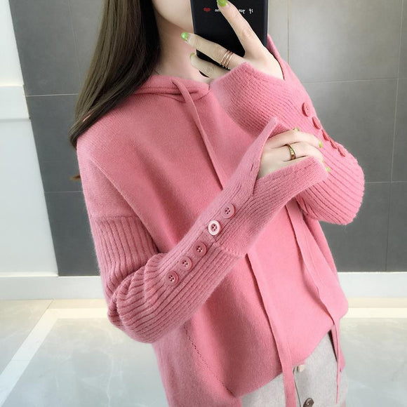 Winter Women Hooded Loose Solid Button Knitwear Pullover