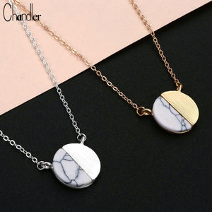 Chandler Gold Color Framed White Marble Circle Pendant Necklace Disc Round