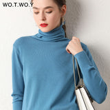 WOTWOY Basic Knitted Turleneck Sweater Slim Fit Long Sleeve