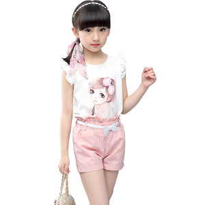 Girls Suits Summer Children Clothing Lace Sleeveless Print