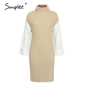 Simplee high fashion patchwork women casual turtle winter long knitted sweater dress