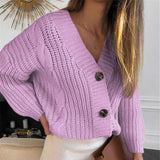 Women Short Cardigan Knitted Sweater Long Sleeve V-neck Jumper