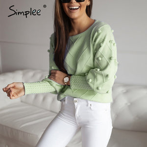 Simplee Elegant fur pompon sweater lantern sleeve knitted