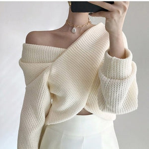 Winter Women Pullover V-neck Sexy Off Shoulder Sweater Knitted Jumpers