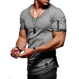 Men's V-neck fitness T-shirt short-sleeved zipper casual cotton top