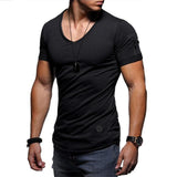 Men's V-neck fitness T-shirt short-sleeved zipper casual cotton top