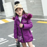 Winter Cotton-padded Jacket Thick Fur Collar Hooded Long Down Outerwear Kids Coats