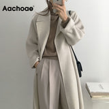 Aachoae Women Elegant Long Wool Coat With Belt Long Sleeve Overcoat