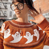 Yangelo Gothic Ghost Pattern Sweater Knit Top Loose Long Sleeves