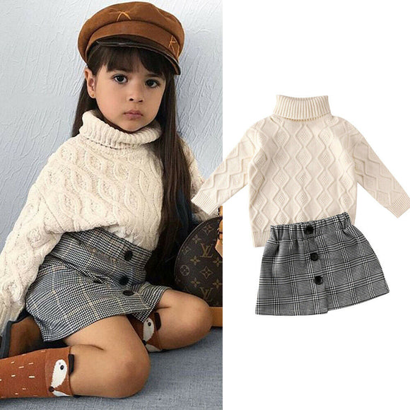 2-7Y Fall Winter Baby Girls Clothes Sets Turtleneck Knit Sweater Tops + Plaid Print Mini Skirt