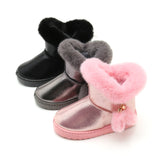 Girl Snow Boots Waterproof Kids Cotton Thicken Rubber Anti-Slip Sole Solid Color Cute Fur Ball