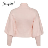Simplee knitted High collar Lantern Sleeve loose women's sweater