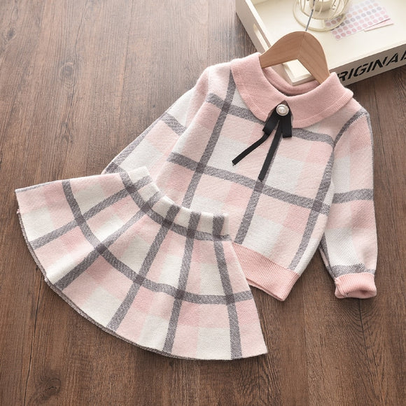 Melario Autumn Winter Girls Top and Plaid Princess Baby Sweater Knitted Dress 2Pcs