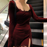 Women Sexy Long Sleeve Lace Split Solid Party Dress