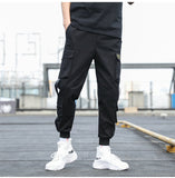 Men's Side Pockets Cargo Harem Pants Ribbons Black Hip Hop