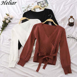 HELIAR Women V-Neck Bandage Waist Sweaters Long Sleeve Pullovers