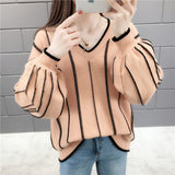 Autumn Winter New Knitted Sweater Women Loose wild V Neck Striped Pullover