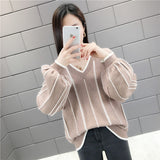 Autumn Winter New Knitted Sweater Women Loose wild V Neck Striped Pullover