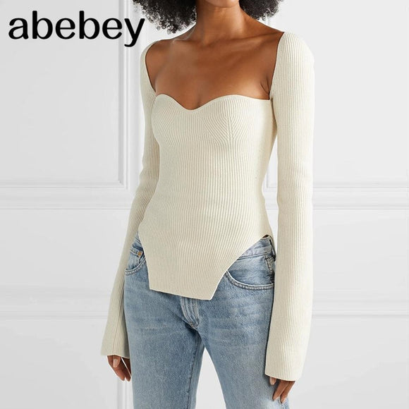 Women cashmere sqaure collar full sleeve elastic waist pullover