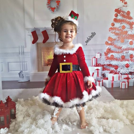 Christmas Kids Baby Girls Fleece Dress O-Neck Long-Sleeve