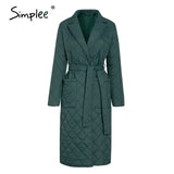 Simplee Fashion female winter windproof jacket sashes parka Long straight coat