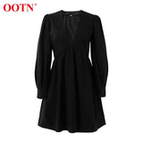 OOTN Deey V Neck Sexy Black Puff Sleeve A Line Dress