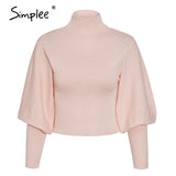 Simplee knitted High collar Lantern Sleeve loose women's sweater