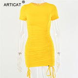 Articat Ruched Pleated Drawstring Short Sleeve Party Dress
