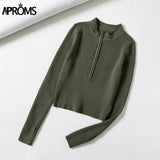Aproms Elegant High Neck Zipper Front Knitted Sweater