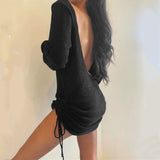 Sexy Backless Dress O-Neck Long Sleeve Solid Color Loose