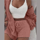 Three Piece Sexy Fluffy Sets Velvet Plush Hooded Cardigan