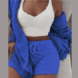 Three Piece Sexy Fluffy Sets Velvet Plush Hooded Cardigan