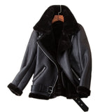 Ailegogo Winter Women Thick Faux Leather Fur Sheepskin Coat Aviator Jacket