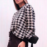 Geometric Khaki Knitted Sweater Casual Houndstooth Pullover