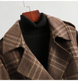 Winter Women Warm Wool Coat Plaid Belted Blends Outwear