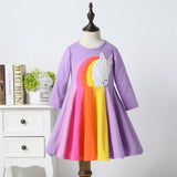 Winter Rainbow Long Sleeve Cotton Color Block Party Dress