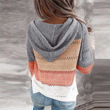 Women Knitted Striped Hooded Sweatshirt Casual Patchwork