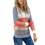 Women Knitted Striped Hooded Sweatshirt Casual Patchwork