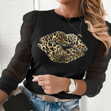 Mesh Ruffle Leopard Print Blouse See Through Long Sleeve