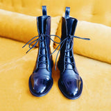 SHENGY Patent Leather British Style Flat Boots Black Pointed Toe