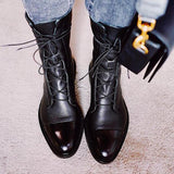 SHENGY Patent Leather British Style Flat Boots Black Pointed Toe