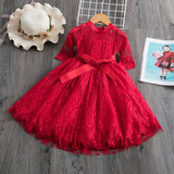 Kids dresses for Girls Half-sleeve Lace Party Costume Red