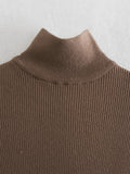 Women Long Sleeves High-Neck Elastic Midi Dress Knit Sweater Dress