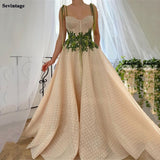 Sevintage Champagne Polka Dotted Tulle Prom Dresses A Line Green 3D Flowers Spaghetti Straps Long Evening Gowns