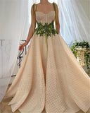 Sevintage Champagne Polka Dotted Tulle Prom Dresses A Line Green 3D Flowers Spaghetti Straps Long Evening Gowns