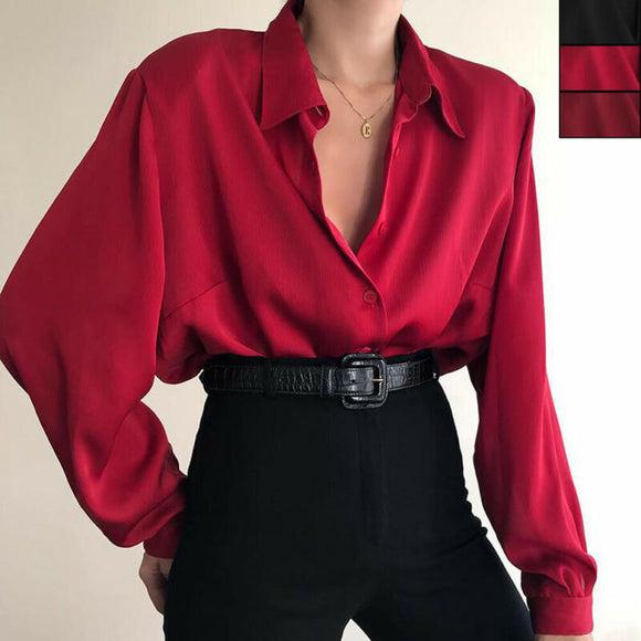 Women Button Blouses Turn Down Collar Shirts Office Lady Long Sleeve