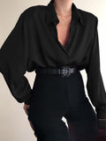 Women Button Blouses Turn Down Collar Shirts Office Lady Long Sleeve