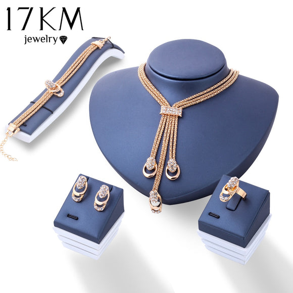 17KM Rose Gold Color Crystal Necklace Earring Bracelet Ring Set Women